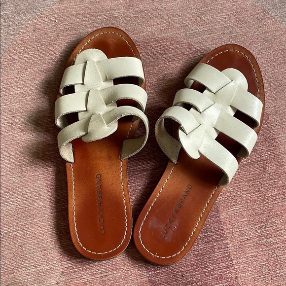 Lucky Brand Aisha Cream Woven Boho Leather Slide Sandals - Picture 2 of 10
